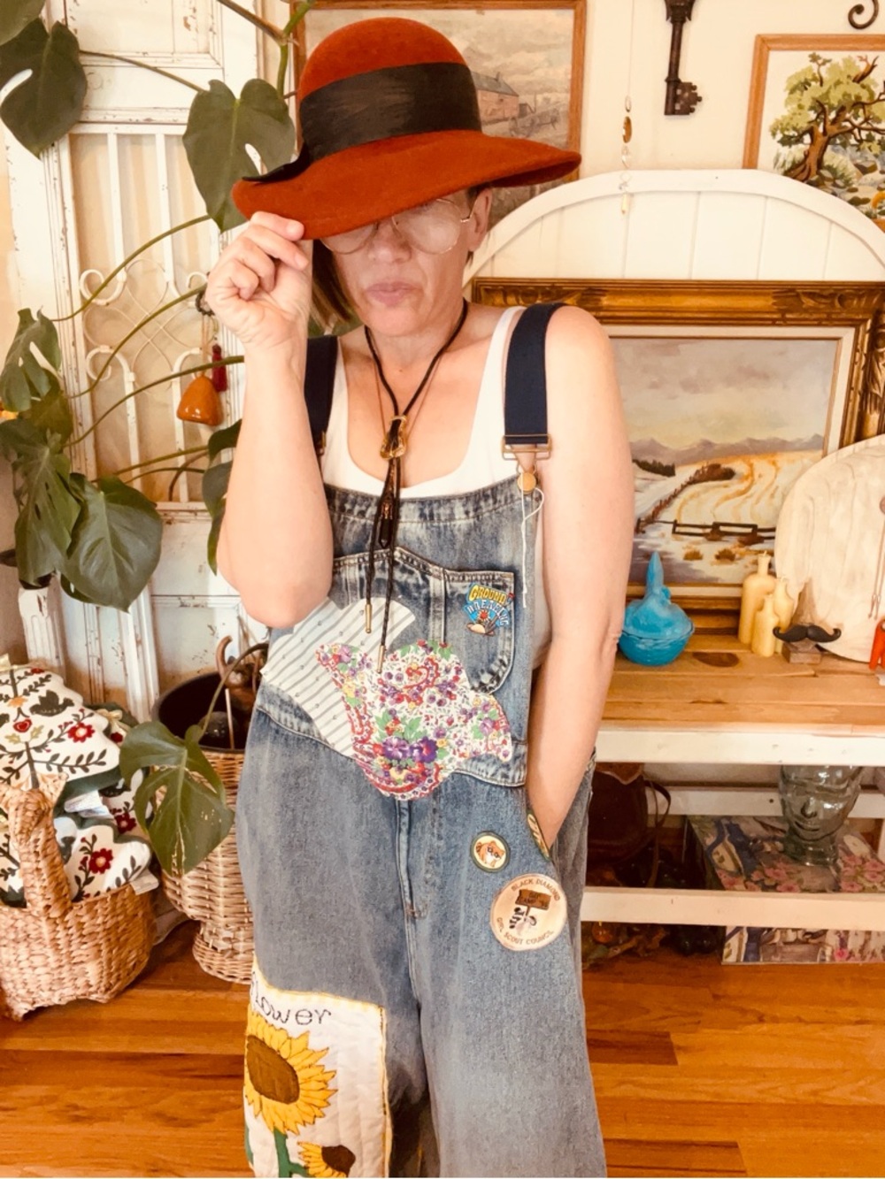 OOAK Vintage Gardening Eclectic Grandpa Upcycle Overalls Quilted Poppy - Picture 5 of 12